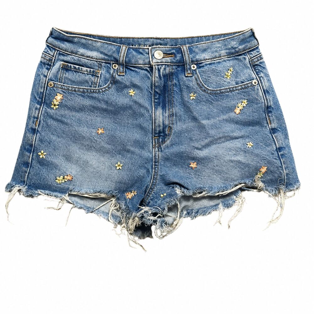 American Eagle Mom Short Denim Shorts Women’s 4 Floral Embroidered Raw Hem